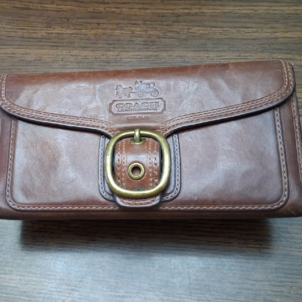 Coach Brown Leather Wallet with Gold Buckle